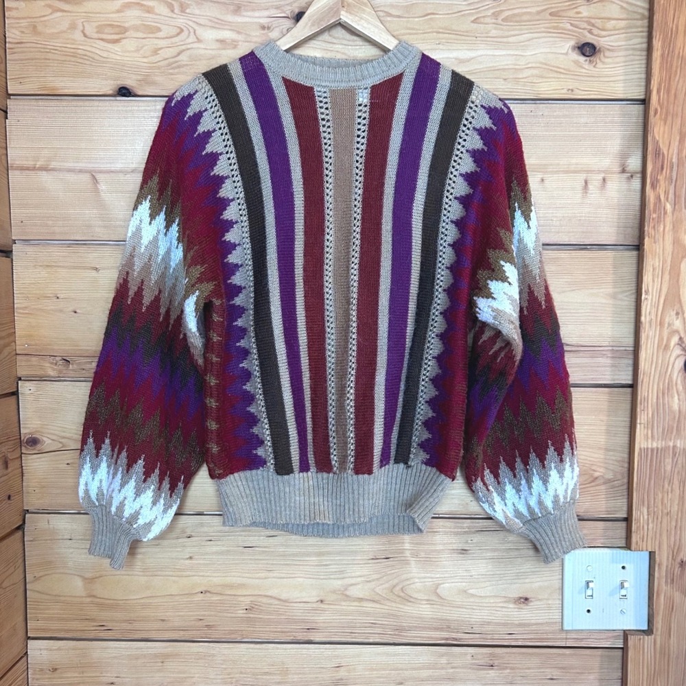 Vintage Jumper Large Multi Color Stripe Geometric Pointelle Knit Retro ModesKY